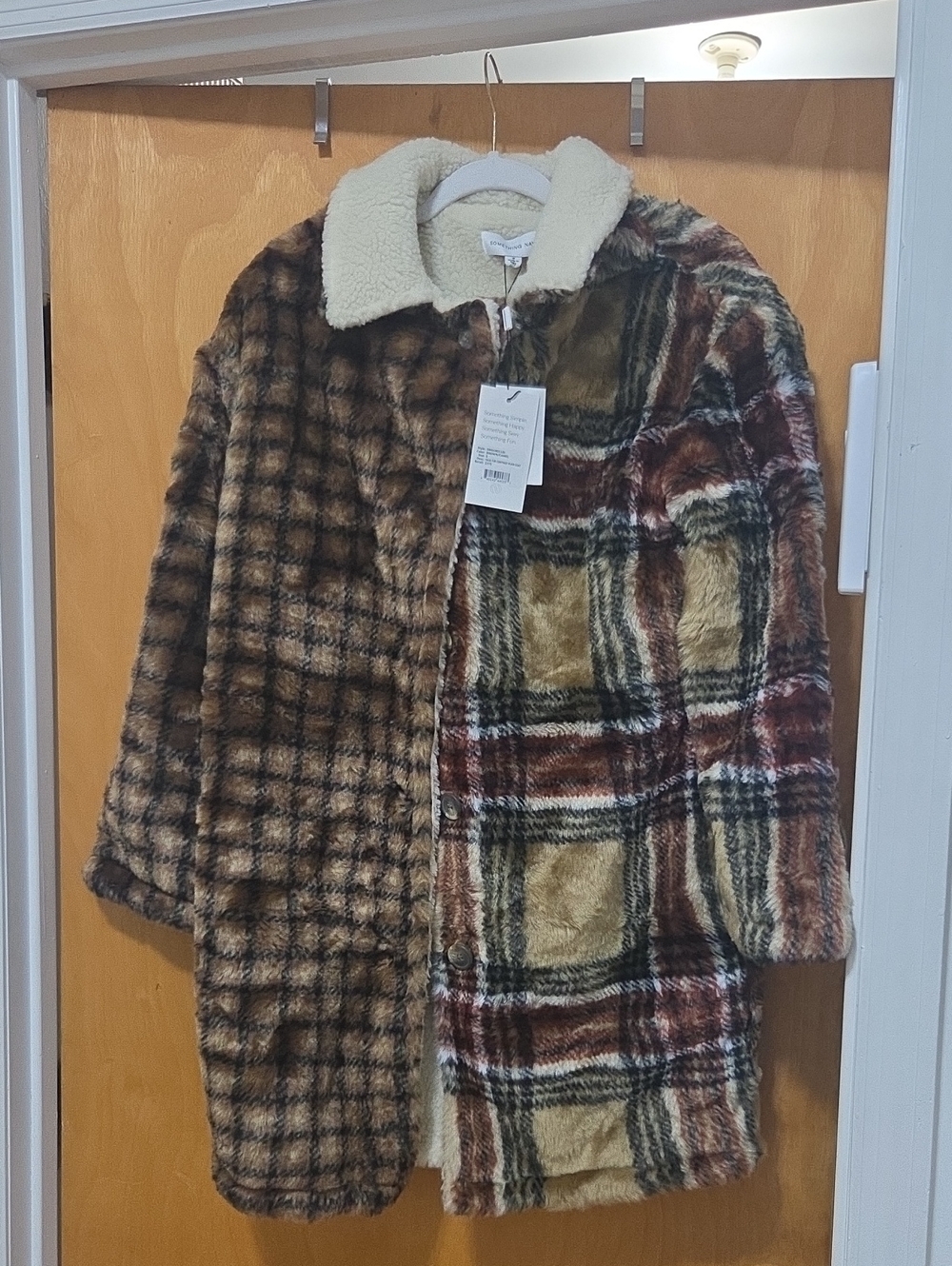 Something Navy.  Multi Brown Plaid Teddy Coat with Cream Sherpa Collar